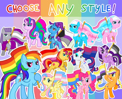 Size: 1280x1043 | Tagged: safe, artist:zphal, imported from derpibooru, aloe, applejack, fluttershy, lotus blossom, maud pie, pinkie pie, rainbow dash, rarity, starlight glimmer, sunset shimmer, trixie, twilight sparkle, alicorn, earth pony, pegasus, pony, unicorn, asexual pride flag, bisexual pride flag, cape, clothes, demisexual pride flag, deviantart watermark, female, gay pride flag, greyasexual pride flag, hat, horn, lesbian pride flag, mane six, mare, nonbinary pride flag, obtrusive watermark, pansexual pride flag, polysexual pride flag, pride, pride flag, transfeminine pride flag, transgender pride flag, transmasculine pride flag, trixie's cape, trixie's hat, twilight sparkle (alicorn), watermark