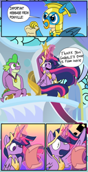 Size: 1200x2338 | Tagged: safe, artist:c0smicriff, imported from derpibooru, gallus, spike, twilight sparkle, alicorn, dragon, griffon, pony, comic:a screwy reunion, the last problem, comic, female, male, mare, older, older spike, older twilight, older twilight sparkle (alicorn), princess twilight 2.0, twilight sparkle (alicorn)