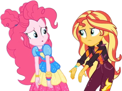 Size: 3374x2520 | Tagged: safe, edit, edited screencap, imported from derpibooru, screencap, pinkie pie, sunset shimmer, human, equestria girls, background removed, duo, duo female, female, not a vector