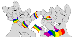 Size: 1263x632 | Tagged: safe, artist:delzol, imported from twibooru, earth pony, pony, bowtie, commission, eyeshadow, group, image, leg warmers, makeup, one eye closed, open smile, png, pride flag, simple background, smiling, tongue out, transparent background, ych sketch, your character here