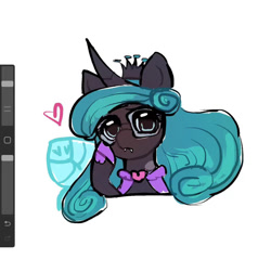 Size: 1128x1080 | Tagged: safe, artist:miyin46552, imported from derpibooru, queen chrysalis, changeling, changeling queen, art program in frame, female, glasses, mirror universe, procreate app, reversalis, simple background, solo, white background