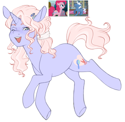 Size: 1850x1806 | Tagged: safe, artist:delzol, imported from twibooru, oc, pony, unicorn, adoptable, female, hairband, hairpin, image, mare, next generation, offspring, one eye closed, open smile, parent:pinkie pie, parent:pokey pierce, parents:pokeypie, png, simple background, solo, transparent background