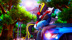 Size: 3840x2160 | Tagged: safe, artist:shadowuwu, oc, oc only, anthro, 3d, breasts, car, clothes, female, ford mustang, kissing, male, straight