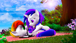 Size: 3840x2160 | Tagged: safe, artist:shadowuwu, oc, oc only, oc:flare heart, oc:starry, pony, 3d, choker, clothes, female, looking at each other, mare, socks