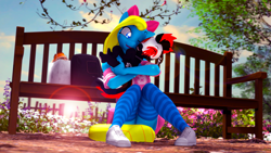 Size: 3840x2160 | Tagged: safe, artist:shadowuwu, oc, oc only, oc:beowolf, oc:cuteamena, anthro, pony, 3d, anthro with ponies, bench, breasts, clothes, female, mare, one eye closed, shoes, sitting, socks