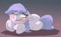 Size: 2146x1321 | Tagged: safe, artist:zzzsleepy, oc, oc only, oc:chanter, ghost, ghost pony, undead, blush sticker, blushing, female, floppy ears, gradient background, lying down, one eye closed, open mouth, solo, teeth, wavy mouth