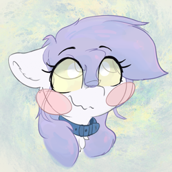 Size: 1115x1114 | Tagged: safe, artist:zzzsleepy, oc, oc only, oc:chanter, ghost, ghost pony, undead, abstract background, blush sticker, blushing, bust, collar, female, floppy ears, smiling, solo, wavy mouth, yellow eyes