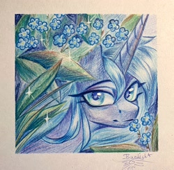 Size: 2886x2831 | Tagged: safe, artist:jsunlight, imported from derpibooru, princess luna, alicorn, pony, bust, female, flower, looking at you, mare, portrait, solo, traditional art