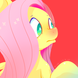 Size: 512x512 | Tagged: safe, artist:xilingjun, imported from derpibooru, fluttershy, pegasus, pony, no pupils, red background, red nosed, simple background, solo