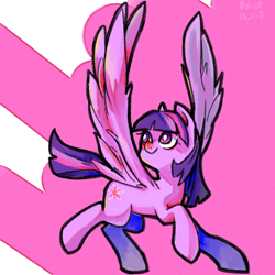 Size: 512x512 | Tagged: safe, artist:xilingjun, imported from derpibooru, twilight sparkle, alicorn, pony, backwards cutie mark, horn, raised hoof, solo, spread wings, standing on two hooves, turned head, twilight sparkle (alicorn), wings