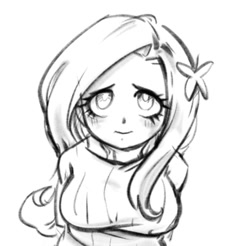 Size: 957x941 | Tagged: safe, artist:xilingjun, imported from derpibooru, fluttershy, human, equestria girls, breasts, busty fluttershy, clothes, female, looking up, monochrome, simple background, sketch, solo, sweater, sweatershy, white background