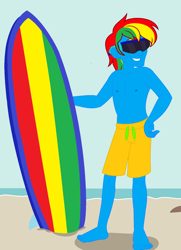 Size: 1082x1492 | Tagged: safe, artist:shieldwingarmorofgod, imported from derpibooru, oc, oc:shield wing, human, equestria girls, beach, clothes, glasses, male, surfboard, surfer, surfing, swimming trunks, swimsuit