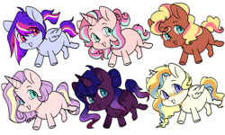 Size: 1153x693 | Tagged: safe, artist:delzol, imported from twibooru, oc, alicorn, earth pony, pegasus, pony, unicorn, adoptable, base used, chibi, image, magical lesbian spawn, needs more jpeg, next generation, offspring, parent:applejack, parent:cheese sandwich, parent:fluttershy, parent:pinkie pie, parent:princess celestia, parent:princess luna, parent:rainbow dash, parent:rarity, parent:starlight glimmer, parent:sunburst, parent:tempest shadow, parent:twilight sparkle, parents:applelestia, parents:cheesepie, parents:flarity, parents:starburst, parents:tempestluna, parents:twidash, simple background, white background