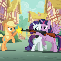 Size: 1024x1024 | Tagged: safe, imported from derpibooru, applejack, rarity, twilight sparkle, alicorn, earth pony, unicorn, ai content, ai generated, ak-47, assault rifle, female, generator:imagen 3, gun, horn, out of character, ponyville, rifle, show accurate, trio, trio female, twilight sparkle (alicorn), weapon, wrong cutie mark