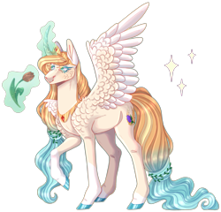 Size: 2992x2876 | Tagged: safe, artist:sleepy-nova, imported from derpibooru, oc, oc only, oc:summer harvest, alicorn, pony, alicorn oc, art trade, blue eyes, coat markings, colored eyelashes, colored hooves, colored pinnae, cream coat, crown, curved horn, feather, feathered wings, female, female oc, flower, gradient mane, gradient tail, hooves, horn, jewelry, lacrimal caruncle, long horn, long mane, long tail, looking at something, magic, mare, mare oc, one wing out, outline, peytral, raised hooves, regalia, rose, shiny hooves, shiny mane, shiny tail, simple background, smiling, socks (coat markings), solo, spread wings, standing on three hooves, tail, tall ears, teal eyes, teal hooves, teal magic, telekinesis, three quarter view, tiara, transparent background, tulip, two toned eyelashes, wavy mane, wavy tail, wings