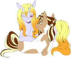 Size: 972x822 | Tagged: safe, artist:delzol, imported from twibooru, oc, oc only, oc:radiant valor, earth pony, pony, unicorn, commission, duo, duo female, female, hair bun, image, looking at each other, lying down, mare, oc name needed, one eye closed, png, simple background, tongue out, transparent background