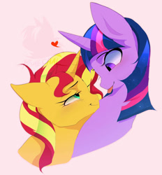 Size: 861x928 | Tagged: source needed, safe, artist:primechal, imported from derpibooru, sunset shimmer, twilight sparkle, pony, unicorn, bust, female, heart, horn, lesbian, looking at each other, looking at someone, shipping, solo, sunsetsparkle, tongue out