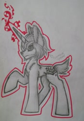 Size: 1502x2160 | Tagged: artist needed, safe, imported from derpibooru, oc, oc only, oc:nicole, pony, unicorn, concave belly, horn, magic, male, solo, traditional art