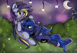 Size: 2360x1640 | Tagged: safe, artist:kristina, derpibooru exclusive, imported from derpibooru, princess luna, oc, alicorn, pegasus, pony, canon x oc, commission, couple, cute, duo, duo male and female, female, male, mare, moon, stallion, stars, straight, ych result