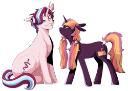 Size: 1024x734 | Tagged: safe, artist:delzol, imported from twibooru, oc, oc only, oc:serenity, unnamed oc, pony, unicorn, angry, duo, duo male and female, female, hairpin, image, looking at each other, magical lesbian spawn, male, mare, next generation, offspring, parent:starlight glimmer, parent:tempest shadow, parent:trixie, parent:twilight sparkle, parents:startrix, parents:tempestlight, pigtails, png, rivalry, simple background, sitting, snarling, stallion, standing, transparent background, twintails