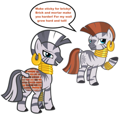 Size: 1303x1237 | Tagged: safe, artist:cloudy glow, artist:nabbiekitty, edit, imported from derpibooru, zecora, oc, oc:brick zecora, zebra, blue eyes, bracelet, brick, brick booty, bricks, butt, dock, ear piercing, earring, female, forced meme, jewelry, lidded eyes, meme, neck rings, piercing, plot, seductive look, simple background, smiling, solo, speech bubble, stripes, tail, text, white background