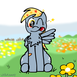 Size: 1280x1280 | Tagged: safe, artist:vaporammy, derpibooru exclusive, imported from derpibooru, applejack, derpy hooves, pegasus, pony, :p, background pony, bandaid, chest fluff, cloud, cloudy, ethereal mane, female, fence, field, flower, grass, grass field, mare, mountain, scenery, starry mane, stars, tongue out, wingding eyes, wingdings