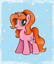 Size: 1744x2048 | Tagged: safe, artist:dariarchangel, imported from derpibooru, oc, oc only, oc:dazha, pony, unicorn, blue eyes, cute, female, headband, horn, mare, ocbetes, orange hair, orange mane, orange tail, pink coat, small horn, smiling, solo, standing, stars, tail, traditional art, unicorn oc