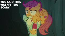 Size: 2000x1125 | Tagged: safe, edit, edited screencap, editor:quoterific, imported from derpibooru, screencap, rainbow dash, scootaloo, campfire tales, duo, duo female, female, filly, foal, mare, open mouth, scared, siblings, sisters