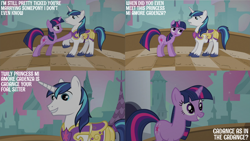 Size: 2000x1125 | Tagged: safe, edit, edited screencap, editor:quoterific, imported from derpibooru, screencap, shining armor, twilight sparkle, pony, unicorn, a canterlot wedding, season 2, canterlot, duo, duo male and female, female, horn, male, stallion