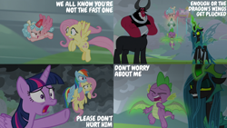 Size: 2000x1125 | Tagged: safe, edit, edited screencap, editor:quoterific, imported from derpibooru, screencap, cozy glow, fluttershy, lord tirek, queen chrysalis, rainbow dash, spike, twilight sparkle, alicorn, centaur, changeling, changeling queen, dragon, pegasus, pony, taur, season 9, the ending of the end, spoiler:s09, alicornified, cozycorn, female, race swap, twilight sparkle (alicorn), ultimate chrysalis, winged spike, wings