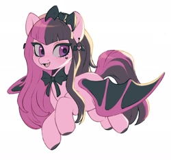 Size: 2048x1917 | Tagged: safe, artist:delzol, imported from twibooru, oc, oc only, bat pony, pony, bow, colored hooves, draculaura, ear piercing, earring, fangs, female, flying, headband, heart mark, image, jewelry, looking sideways, mare, monster high, needs more jpeg, piercing, ponified, simple background, solo, two toned mane, two toned wings, white background, wings