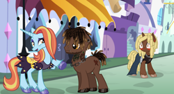 Size: 1024x558 | Tagged: safe, artist:6hellboy9, imported from derpibooru, sassy saddles, oc, oc:kesha, pony, unicorn, blushing, canterlot, clothes, cute, dress, female, horn, male, mare, ponified, stallion, trio