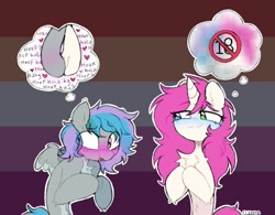 Size: 912x713 | Tagged: safe, alternate version, artist:flixanoa, imported from derpibooru, part of a set, oc, oc only, oc:bubblegum kiss, oc:virtuous hope, pegasus, pony, unicorn, :3, alternate character, big eyes, blue blush, blue tail, blush lines, blush scribble, blushing, censored, chest fluff, colored belly, colored wings, colored wingtips, commission, duo, duo female, ear fluff, eye clipping through hair, eyebrows, eyebrows visible through hair, female, female oc, flag background, fluffy mane, flustered, freckles, gray coat, gray wingtips, green eyes, grin, heterochromia, hock fluff, holding hooves, hoof blush, hooves together, horn, human shoulders, lesbian, lesbian pride flag, lewd, lewd thoughts, lidded eyes, long mane, looking at someone, looking away, mare, mare oc, multicolored background, nervous, nervous grin, oc x oc, open mouth, open smile, outline, pale belly, pegasus oc, pink mane, pink tail, pride, pride flag, raised eyebrow, shipping, shoulder fluff, signature, slender, small wings, smiling, smiling at someone, spread wings, striped background, sweat, tail, thick horn, thin, thinking, thought bubble, two toned mane, two toned wings, unicorn oc, wall of tags, wavy mouth, white coat, wings, ych result