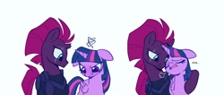 Size: 2048x868 | Tagged: safe, artist:delzol, imported from twibooru, tempest shadow, twilight sparkle, alicorn, pony, unicorn, armor, broken horn, comforting, duo, duo female, female, hoof around neck, horn, image, lesbian, mare, needs more jpeg, scar, shipping, simple background, stressed, tempestlight, twilight sparkle (alicorn), white background