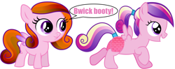 Size: 7704x3066 | Tagged: safe, artist:theshadowstone, artist:vector-brony, edit, imported from derpibooru, princess cadance, oc, oc:bricky candyass, pegasus, pony, brick booty, female, filly, foal, forced meme, meme, pegasus cadance, simple background, speech bubble, wat, white background