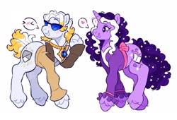 Size: 2846x1937 | Tagged: safe, artist:cocopudu, imported from derpibooru, oc, oc only, oc:aviva, pony, unicorn, blazer, blouse, blush lines, blushing, canon x oc, clothes, commission, couple, curly mane, curly tail, duo, duo male and female, ethereal mane, eyebrows, eyebrows visible through hair, eyeshadow, female, female oc, floating eyebrows, g2, gordie (pokémon), horn, jacket, jewelry, long sleeved shirt, long sleeves, looking at someone, looking away, makeup, male, mare oc, necklace, non-mlp shipping, open mouth, open smile, pictogram, pokémon, ponified, ponified oc, profile, purple coat, purple eyes, purple eyeshadow, raised eyebrow, raised hoof, sash, shirt, simple background, smiling, smiling at someone, spoken heart, standing, standing on three hooves, starry eyes, starry mane, starry tail, straight, sunglasses, tail, three quarter view, three toned mane, two toned mane, two toned tail, unicorn horn, unicorn oc, unshorn fetlocks, wall of tags, watermark, white background, white coat, wingding eyes