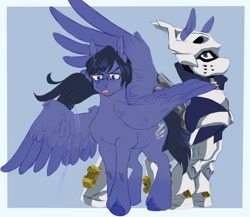 Size: 1500x1300 | Tagged: safe, artist:abbytabbys, imported from derpibooru, part of a set, pegasus, pony, anime, armor, blaze (coat marking), blue background, blue coat, blue hooves, blue mane, blue tail, blue wingtips, boots, border, chestplate, clothes, coat markings, collar, colored hooves, colored wings, colored wingtips, costume, duality, facial markings, feathered wings, frown, glasses, gradient legs, gray eyes, helmet, hoof boots, hooves, large wings, looking back, looking down, male, motion lines, my hero academia, narrowed eyes, one wing out, open frown, open mouth, passepartout, ponified, quirked pony, requested art, shiny mane, shoes, short mane, simple background, solo, square glasses, standing, superhero costume, tail, tall ears, teenager, tenya iida, two toned wings, unshorn fetlocks, vambrace, wall of tags, wing fluff, wings