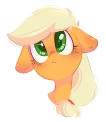 Size: 935x1070 | Tagged: safe, artist:melodylibris, imported from derpibooru, applejack, earth pony, pony, blushing, bust, female, floppy ears, freckles, mare, portrait, simple background, solo, white background