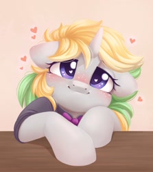 Size: 1141x1280 | Tagged: safe, artist:melodylibris, imported from derpibooru, oc, oc only, oc:lemonswoosh, pony, unicorn, blushing, bowtie, clothes, commission, female, heart, heart eyes, horn, looking at you, mare, necktie, smiling, smiling at you, solo, unicorn oc, wingding eyes