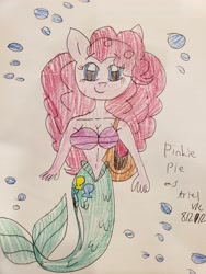 Size: 3024x4032 | Tagged: safe, artist:victheanimaldrawer, imported from derpibooru, pinkie pie, anthro, mermaid, bubble, drawing, female, fish tail, flowing tail, ocean, scales, solo, swimming, tail, the little mermaid, traditional art, underwater, water