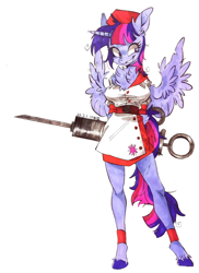 Size: 1682x2314 | Tagged: safe, artist:yeqingdai-952wolaopo, imported from derpibooru, twilight sparkle, alicorn, anthro, chest fluff, crazy smile, dark deception, female, mare, needle, nurse, nurse outfit, simple background, solo, spread wings, syringe, twilight sparkle (alicorn), white background, wings