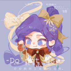 Size: 1080x1074 | Tagged: safe, artist:xinjinjumin718660644133, imported from derpibooru, rarity, human, bow, chibi, christmas decoration, commission, hair bow, humanized, light blue background, simple background, solo, text