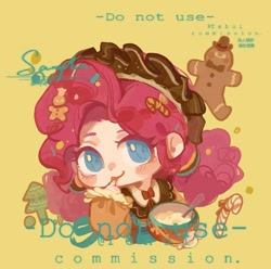 Size: 1080x1070 | Tagged: safe, artist:xinjinjumin718660644133, imported from derpibooru, pinkie pie, human, bowl, candy, candy cane, chibi, christmas, christmas tree, commission, food, gingerbread man, holiday, humanized, licking, licking fingers, sample, simple background, solo, text, tongue out, tree, yellow background