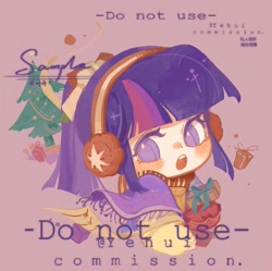 Size: 1079x1075 | Tagged: safe, artist:xinjinjumin718660644133, imported from derpibooru, twilight sparkle, human, chibi, christmas, christmas tree, commission, headphones, holiday, humanized, present, purple background, sample, simple background, solo, text, tree