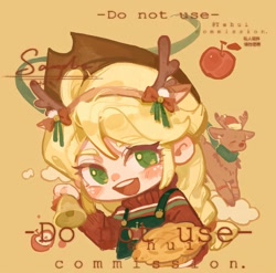 Size: 1080x1067 | Tagged: safe, artist:xinjinjumin718660644133, imported from derpibooru, applejack, deer, human, reindeer, antlers, apple, apple pie, bell, chibi, commission, food, humanized, pie, reindeer antlers, sample, simple background, solo, text, yellow background