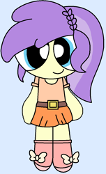 Size: 620x1019 | Tagged: safe, artist:julianarhian123, imported from derpibooru, alula, pluto, human, equestria girls, awwlula, background human, belt, blouse, closed mouth, clothes, cute, equestria girls-ified, female, humanized, lavender background, plutobetes, shirt, shoes, simple background, skirt, smiling, solo, style emulation, the powerpuff girls