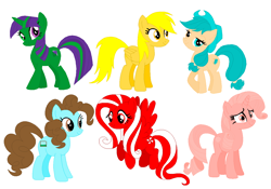 Size: 1228x860 | Tagged: safe, artist:julianarhian123, imported from derpibooru, applejack, fluttershy, pinkie pie, rainbow dash, rarity, twilight sparkle, earth pony, pegasus, pony, unicorn, horn, mane six, recolor, simple background, white background