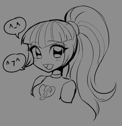 Size: 968x998 | Tagged: safe, artist:rileyav, imported from derpibooru, sonata dusk, human, equestria girls, bust, cute, female, gray background, grayscale, monochrome, open mouth, open smile, ponytail, simple background, smiling, solo, sonatabetes