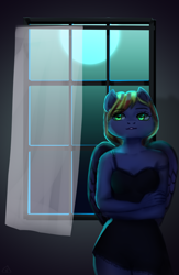 Size: 1536x2352 | Tagged: safe, artist:effervesket, imported from derpibooru, oc, oc only, oc:jade spark, anthro, pegasus, blinds, clothes, dress, ears up, female, green eyes, lingerie, moon, moonlight, pegasus oc, solo, window, wings