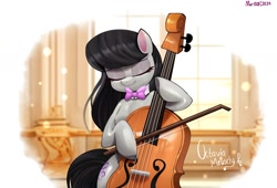 Size: 1992x1356 | Tagged: safe, artist:aceslingerexo, imported from derpibooru, octavia melody, earth pony, pony, bipedal, bow (instrument), bowtie, cello, eyes closed, female, mare, musical instrument, necktie, octavia's bowtie, smiling, solo, tail